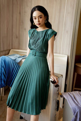 Pleated midi silk dress with belted waist and cap sleeves for elegant everyday styling